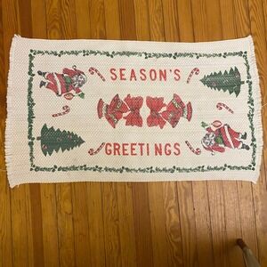 Vintage Christmas Seasons Greetings Santa Tree Bells Woven Rag Rug Holiday Decor